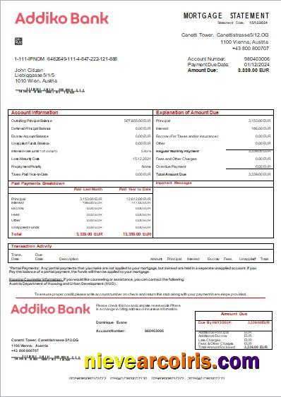Austria Addiko bank mortgage statement